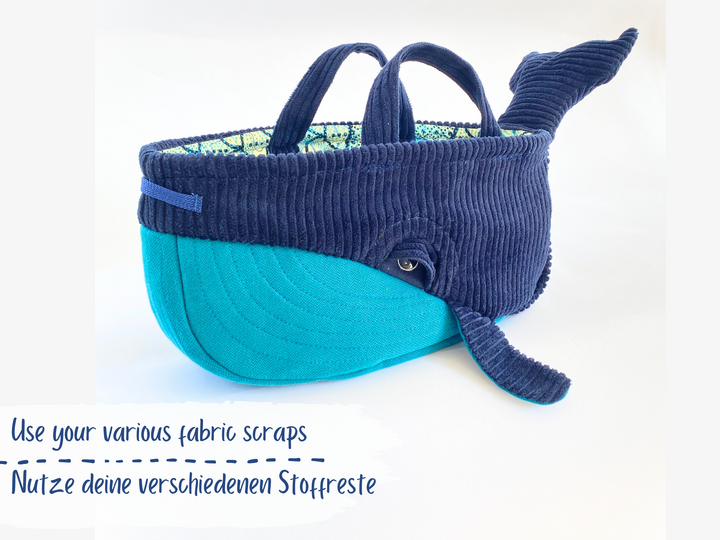 Sewing pattern fabric basket, Denim whale pattern in 2 sizes