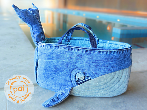 Sewing pattern fabric basket, Denim whale pattern in 2 sizes
