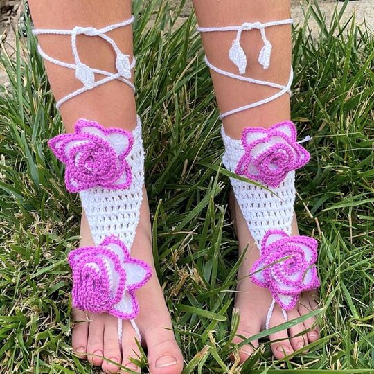 Crochet Rose Barefoot Sandals Pattern PDF – Floral Summer Anklet Tutorial