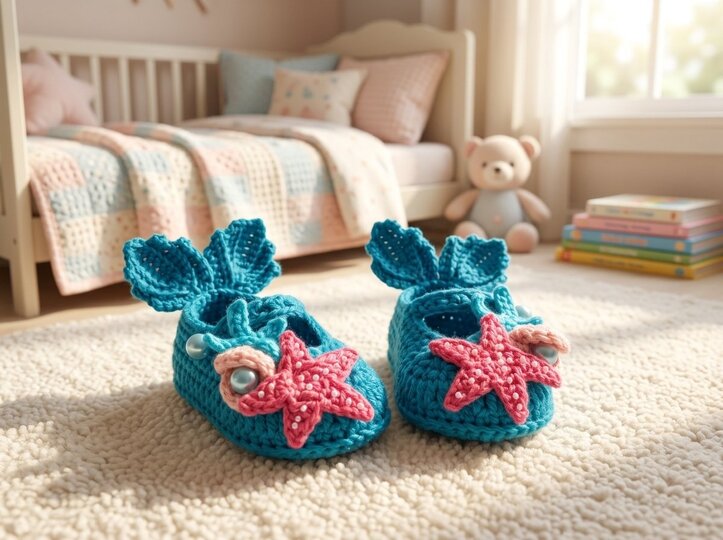 Häkelanleitung Ariel Babyschuhe (0–3 Monate) in 4 Sprachen