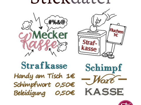 Stickdatei Meckerkasse Schimpfwortkasse 4er SET verschiedene Größen