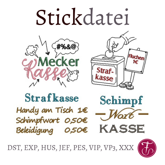 Stickdatei Meckerkasse Schimpfwortkasse 4er SET verschiedene Größen