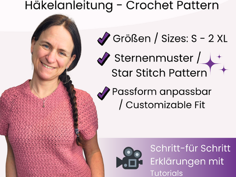 Häkelanleitung für Pullover mit Sternenärmeln|  6 Größen: S bis 2 XL