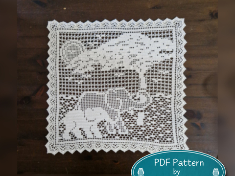 Elephant doily - Elephant collection, crochet pattern filet crochet