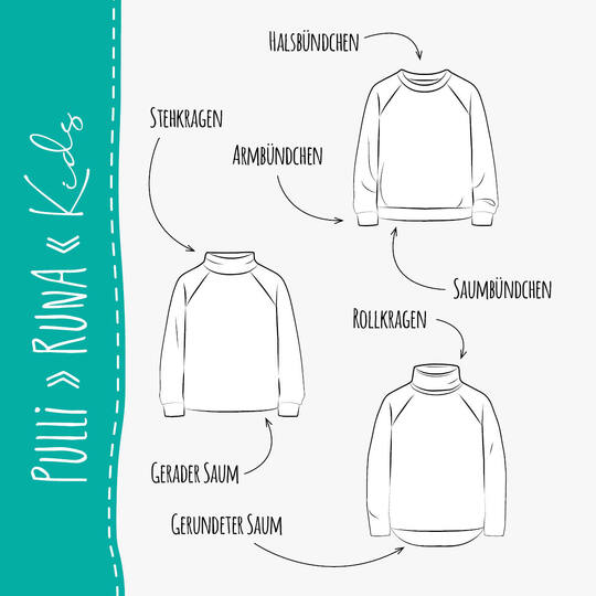 Raglanpulli RUNA KIDS | Nähanleitung und Schnittmuster | 110-164 | 3 Weiten
