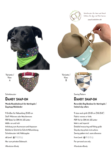 DANDY snap-on Reversible OTC Bandana for Martingale Collars. Sewing Pattern