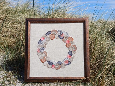 Cross-stitch pattern shell wreath, available as a PDF and PNG