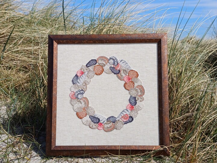 Cross-stitch pattern shell wreath, available as a PDF and PNG