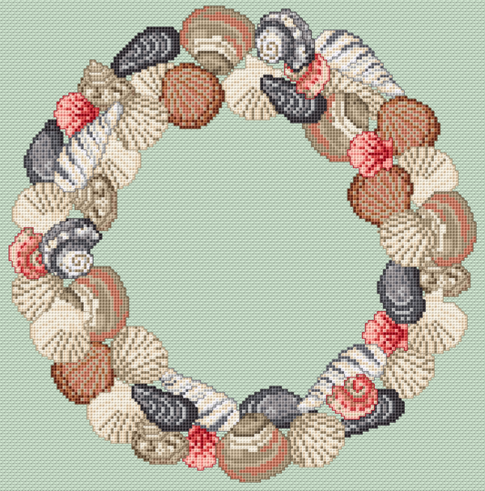 Cross-stitch pattern shell wreath, available as a PDF and PNG