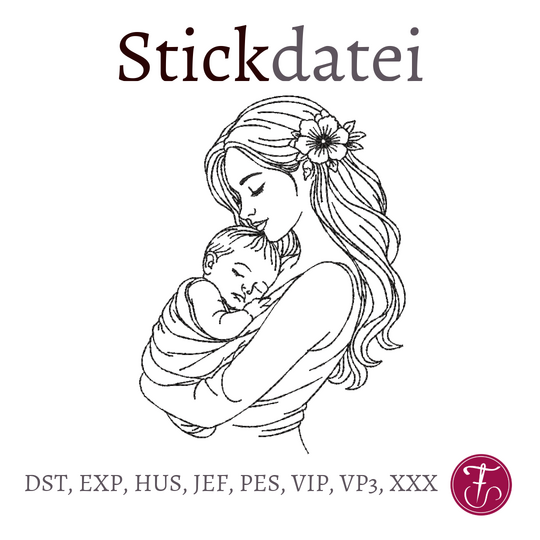 Stickdatei Mama Mutter mit Baby Konturstickdatei mit ITH Mutterpass
