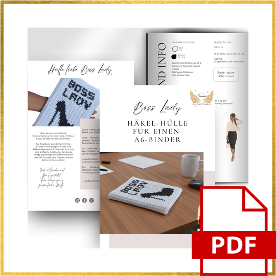 Häkelanleitung A6-Binder Hülle „Boss Lady" – Farbwechsel-Muster mit Schrift