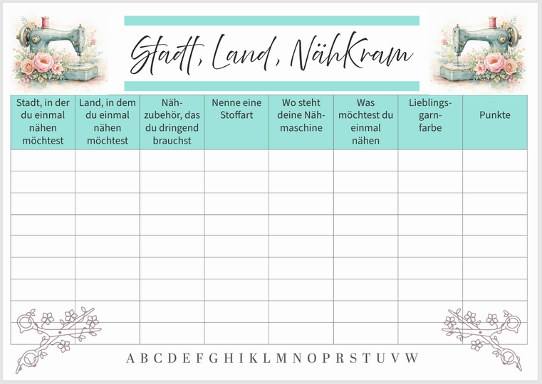 Stadt Land Nähkram Spiel Druckvorlage
