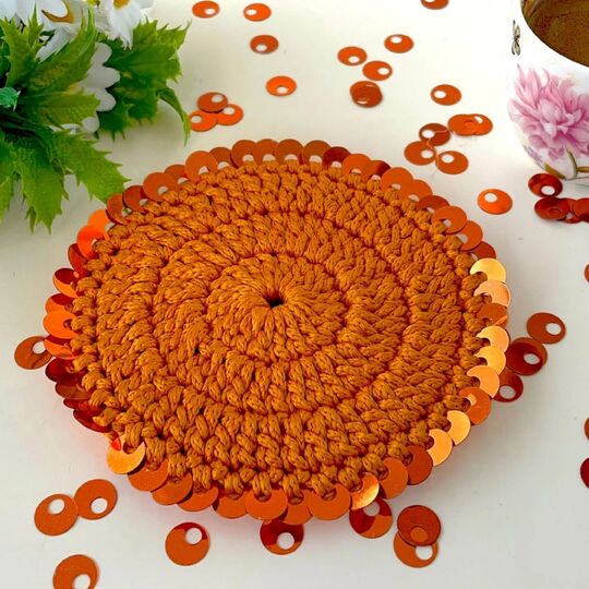 Floral Charm Coaster Crochet Pattern PDF – Round Sequin Coaster Tutorial