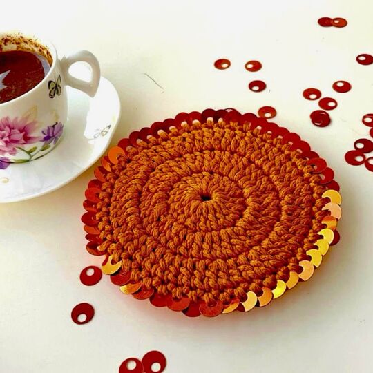 Floral Charm Coaster Crochet Pattern PDF – Round Sequin Coaster Tutorial