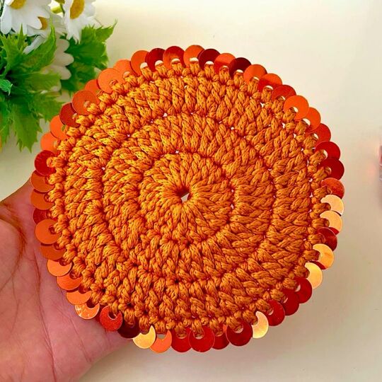 Floral Charm Coaster Crochet Pattern PDF – Round Sequin Coaster Tutorial