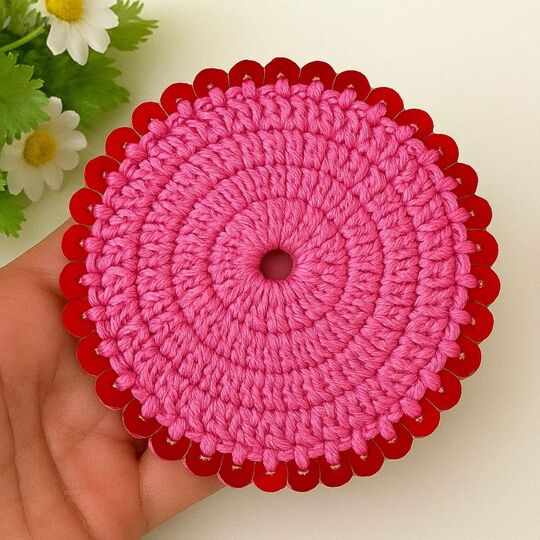Floral Charm Coaster Crochet Pattern PDF – Round Sequin Coaster Tutorial