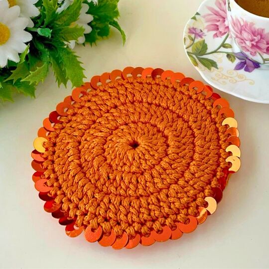 Floral Charm Coaster Crochet Pattern PDF – Round Sequin Coaster Tutorial