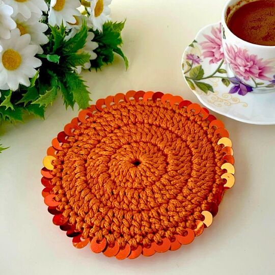 Floral Charm Coaster Crochet Pattern PDF – Round Sequin Coaster Tutorial