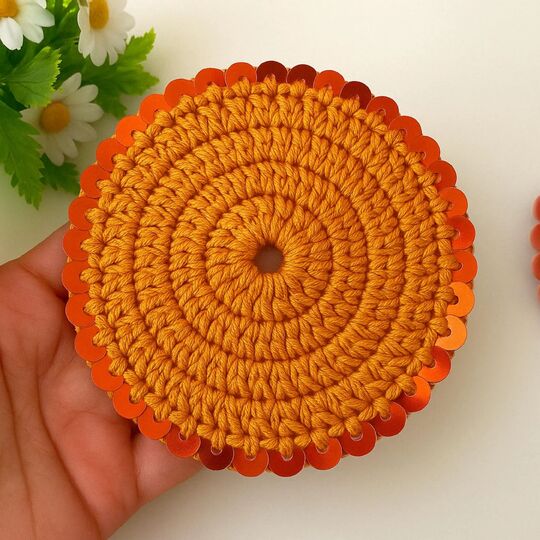 Floral Charm Coaster Crochet Pattern PDF – Round Sequin Coaster Tutorial