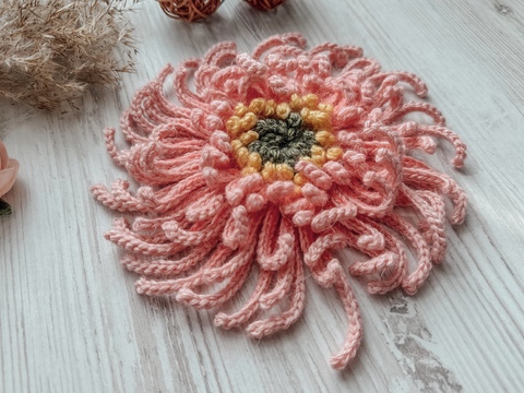 Crochet pattern chrysanthemum brooch PDF digital and video tutorial