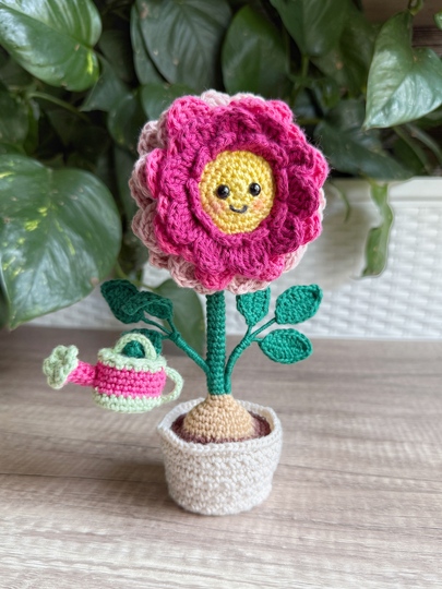 Rosa Dahlia im Blumentopf Amigurumi Häkelanleitung (DE, EN)