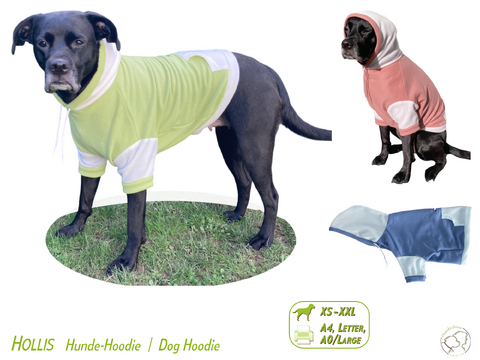 HOLLIS Dog Hoodie, Kangaroo Pocket, sizes XS-XXL. Sewing Pattern