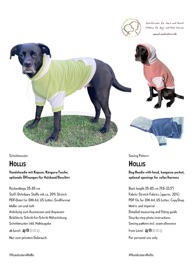 HOLLIS Hunde Hoodie, Kapuze & Tasche, Größe XS-XXL. Nähanleitung+Schnitt