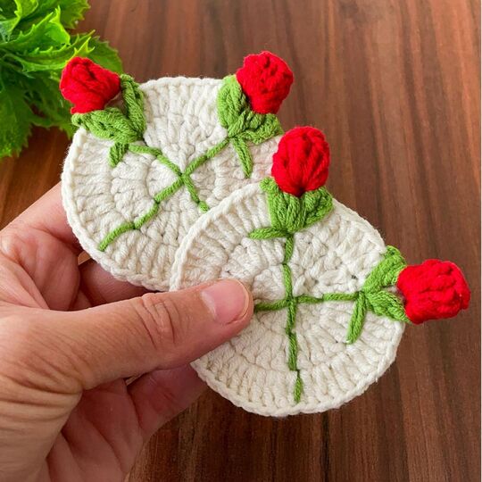 Rose Crochet Coaster PDF Pattern, 3D Floral Table Decor Crochet Tutorial