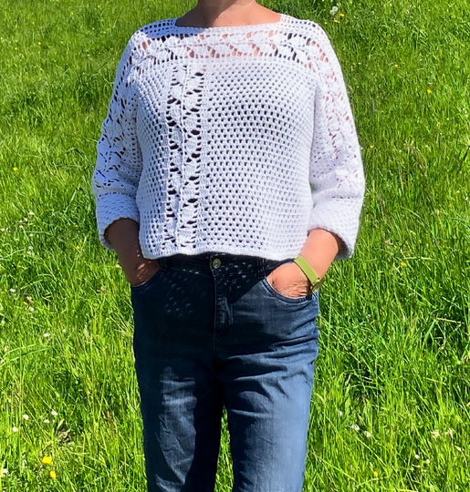 Pulli mit Blätterranken längs und quer- Häkelanleitung