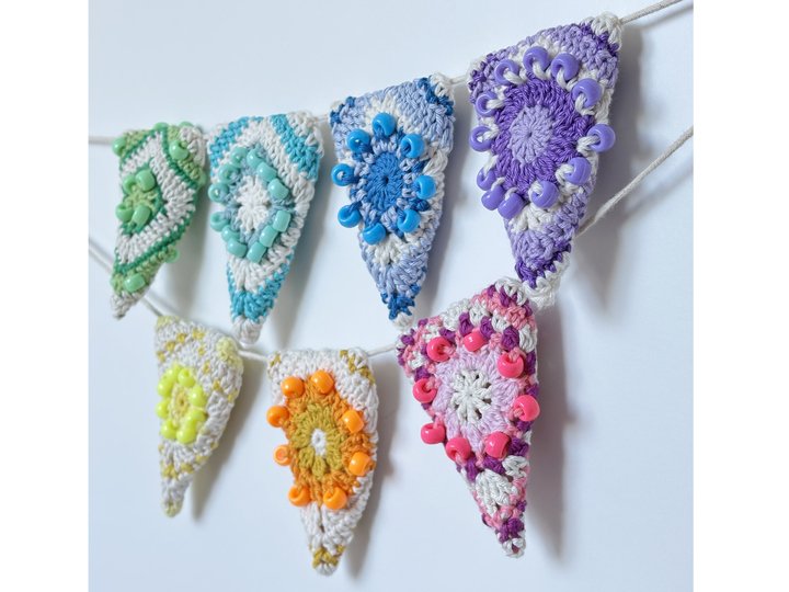 Granny Triangle Bunting, Beaded Crochet Garland, Pennant , Nursery Decor