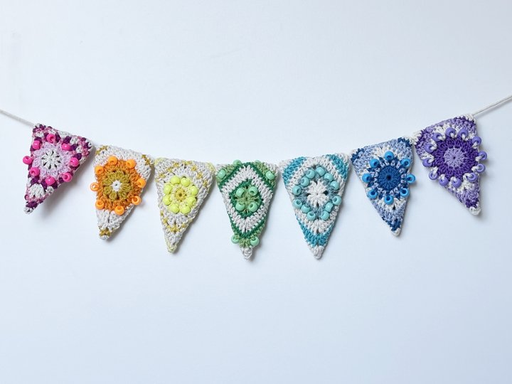 Granny Triangle Bunting, Beaded Crochet Garland, Pennant , Nursery Decor