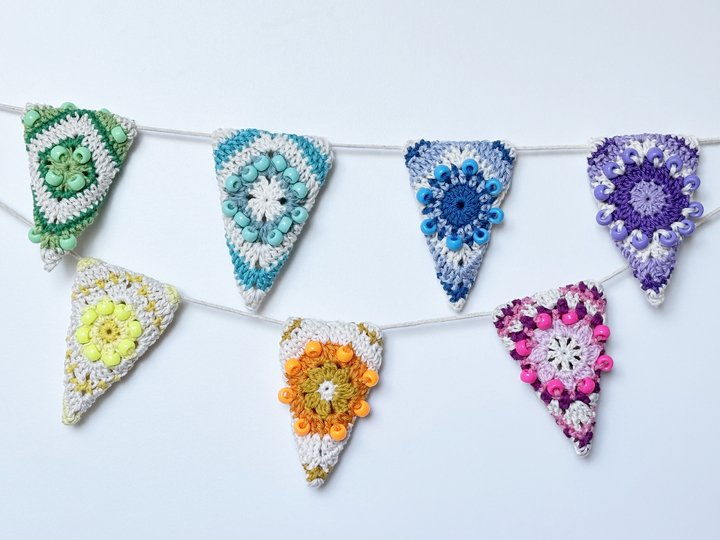 Granny Triangle Bunting, Beaded Crochet Garland, Pennant , Nursery Decor