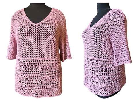 Sommerpulli Raglan v. oben mit V-Ausschnitt + "Röschen" Muster, alle Größen