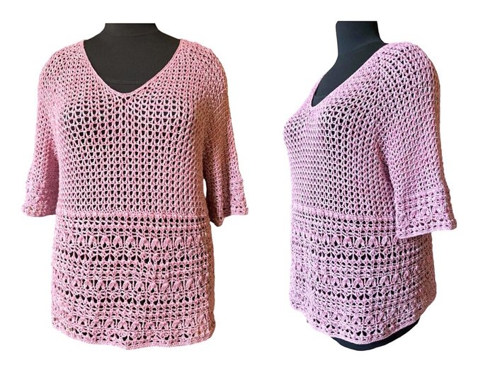 Sommerpulli Raglan v. oben mit V-Ausschnitt + "Röschen" Muster, alle Größen
