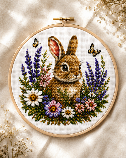 Floral Bunny Cross Stitch Pattern Spring Wildflower Embroidery Chart PDF