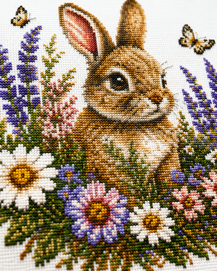 Floral Bunny Cross Stitch Pattern Spring Wildflower Embroidery Chart PDF