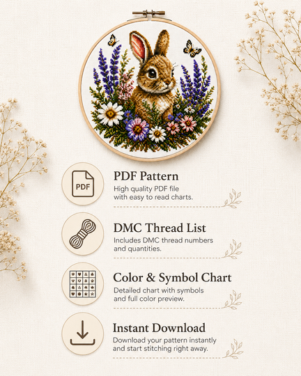 Floral Bunny Cross Stitch Pattern Spring Wildflower Embroidery Chart PDF