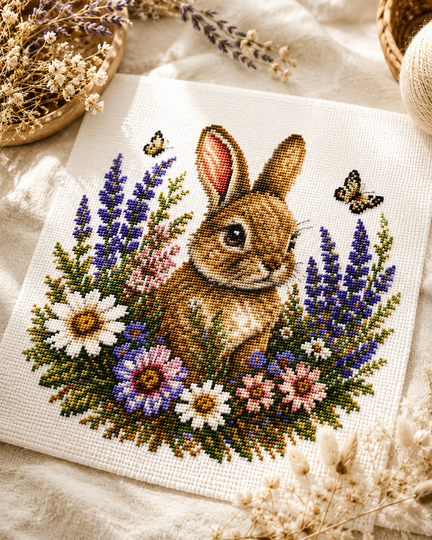 Floral Bunny Cross Stitch Pattern Spring Wildflower Embroidery Chart PDF