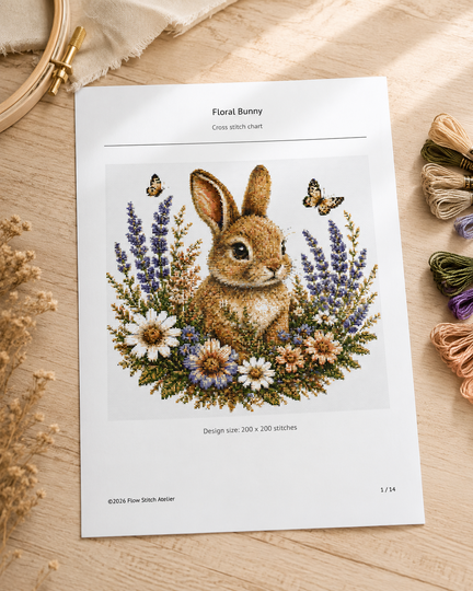 Floral Bunny Cross Stitch Pattern Spring Wildflower Embroidery Chart PDF