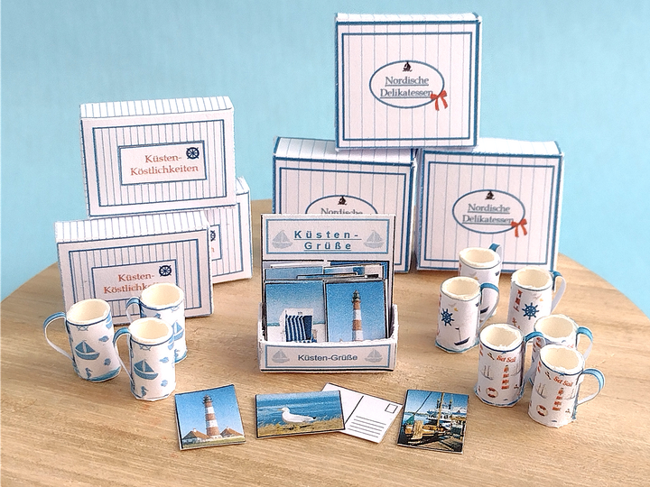 Miniatur Küsten-Souvenirstand-Set 1:12 – Bastelbögen & Anleitung