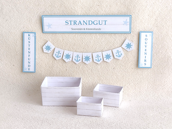 Miniatur Küsten-Souvenirstand-Set 1:12 – Bastelbögen & Anleitung