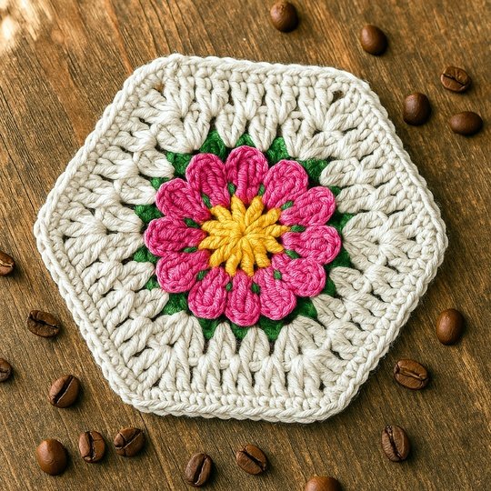 Hexagonal Flower Coaster – Crochet Pattern for Cup Coasters