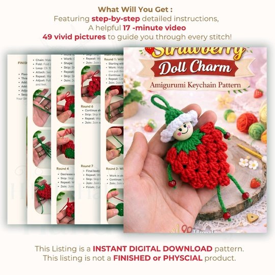 Strawberry Doll Charm Crochet Pattern – Amigurumi Keychain PDF
