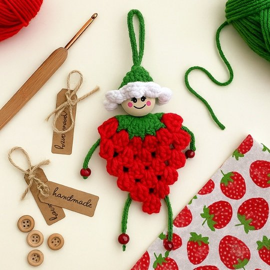 Strawberry Doll Charm Crochet Pattern – Amigurumi Keychain PDF