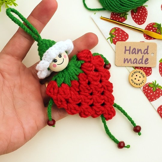 Strawberry Doll Charm Crochet Pattern – Amigurumi Keychain PDF