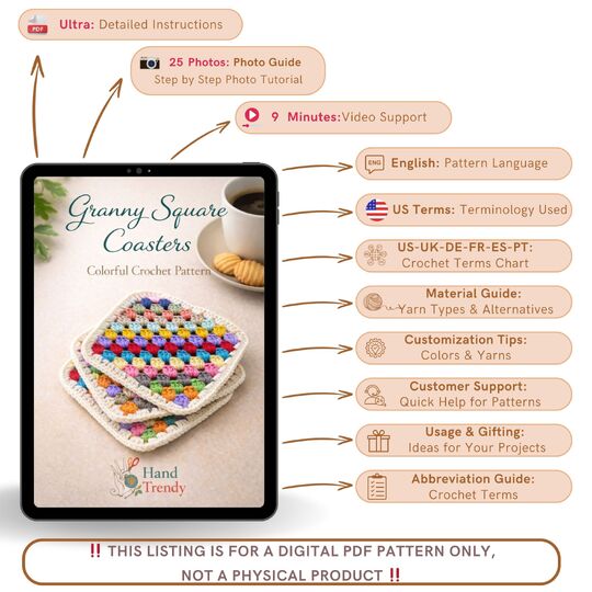 Granny Square Coasters - Colorful Crochet Pattern PDF
