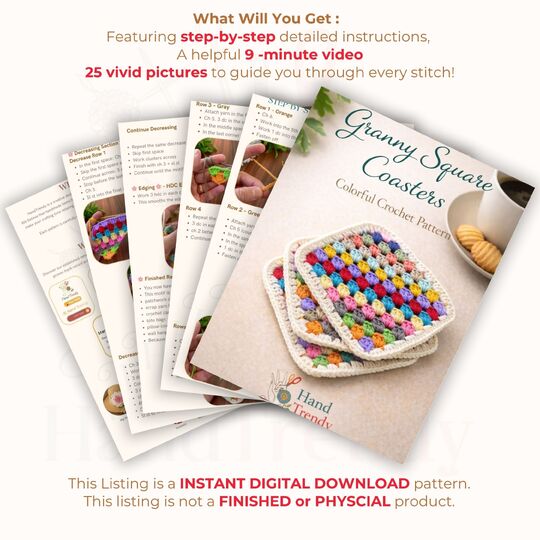 Granny Square Coasters - Colorful Crochet Pattern PDF