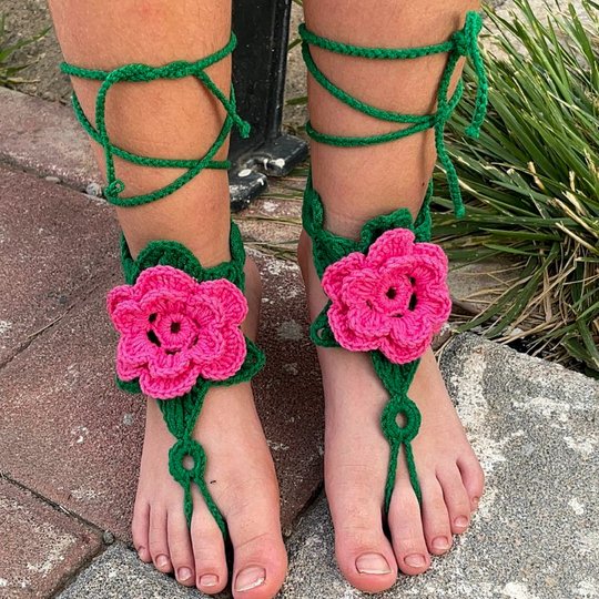 Floral Barefoot Sandals - Crochet Lace Up Pattern PDF