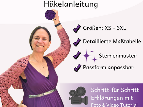 Häkelanleitung für Bolero im Sternenmuster | 6 Größen: XS bis 6XL