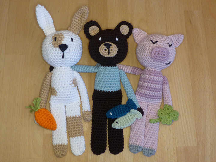Häkelanleitung Schlenkertiere Schwein, Bär, Kaninchen, Kuscheltier
